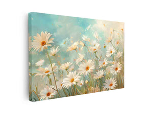 Soft white daisy wall art with aqua background for calming bedroom decor.