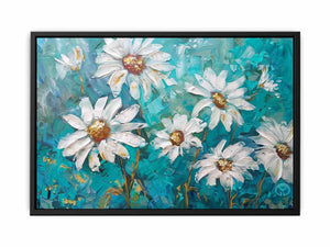 Textured white daisy canvas art on aqua teal background for modern living room decor.