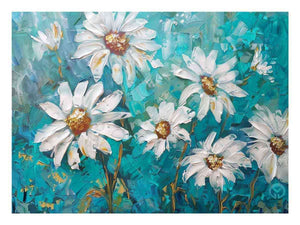 Textured white daisy canvas art on aqua teal background for modern living room decor.