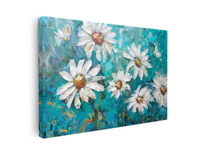 Textured white daisy canvas art on aqua teal background for modern living room decor.