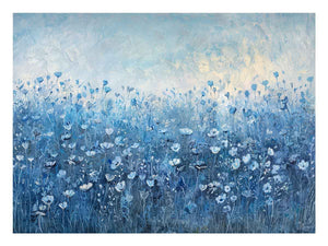 Blue wildflower meadow wall art with soft floral texture for calming bedroom decor.