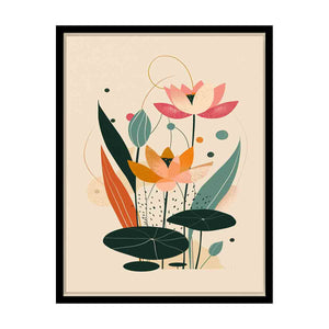 Modern lotus canvas art with lily pads and soft botanical shapes for peaceful bedroom decor.