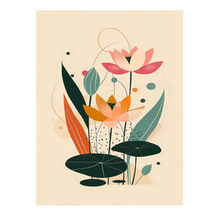 Modern lotus canvas art with lily pads and soft botanical shapes for peaceful bedroom decor.
