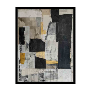 Modern abstract collage wall art with black, gray, beige and gold texture for luxury office decor.