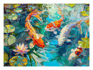 Colorful koi fish canvas print with lily pads and lotus flower for calming living room decor.