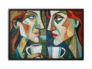 Abstract cubist coffee wall art with two faces and cups for modern kitchen decor.