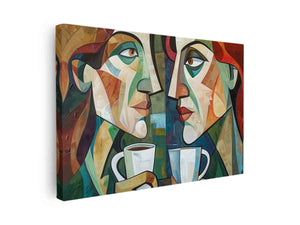 Abstract cubist coffee wall art with two faces and cups for modern kitchen decor.