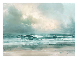 Soft teal abstract seascape canvas art with ocean waves for calming bedroom decor.