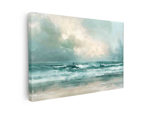 Soft teal abstract seascape canvas art with ocean waves for calming bedroom decor.