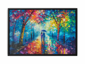 Colorful rainy city wall art with couple under umbrella for romantic bedroom decor.