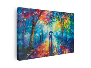 Colorful rainy city wall art with couple under umbrella for romantic bedroom decor.