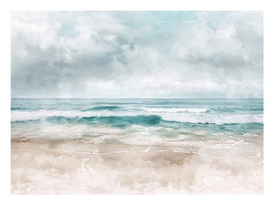 Soft coastal beach canvas print with teal waves and cloudy sky for calming bedroom decor.