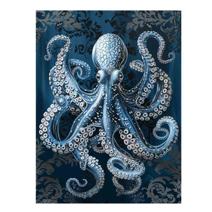 Blue octopus canvas art with navy patterned background for dramatic coastal bathroom decor.