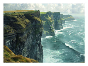 Coastal cliff canvas print with green cliffs, ocean waves and cloudy sky for living room decor.