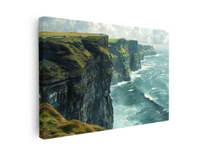 Coastal cliff canvas print with green cliffs, ocean waves and cloudy sky for living room decor.