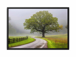 Misty country road wall art with large tree and green fields for farmhouse living room decor.