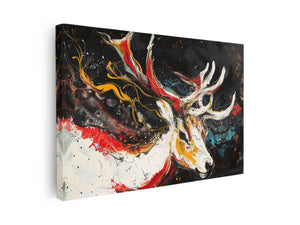 Abstract stag canvas art with dramatic antlers and bold red black white colors for living room decor.