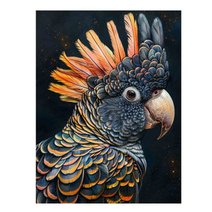 Dramatic black cockatoo canvas print with orange crest and detailed feathers for luxury living room decor.