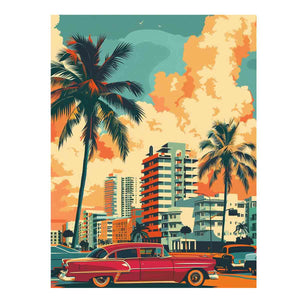 Retro tropical city wall art with palm trees, vintage car and pastel buildings for living room decor.