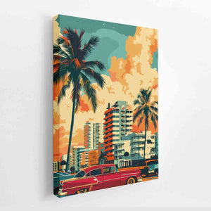 Retro tropical city wall art with palm trees, vintage car and pastel buildings for living room decor.