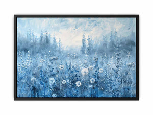 Blue wildflower canvas art with misty floral texture for calming bedroom decor.