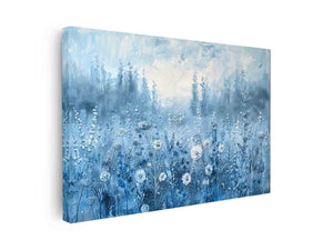 Blue wildflower canvas art with misty floral texture for calming bedroom decor.