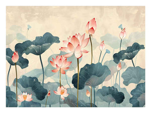 Pink lotus wall art with blue green lily pads for peaceful bedroom decor.