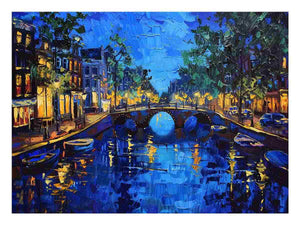 Night canal canvas art with bridge, boats and blue gold reflections for living room decor.