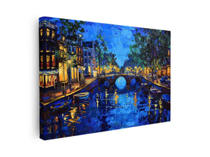Night canal canvas art with bridge, boats and blue gold reflections for living room decor.