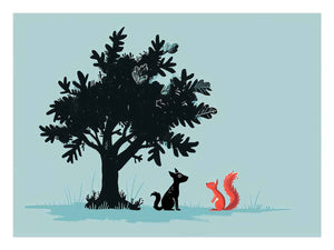 Cute dog and squirrel wall art under tree silhouette for playful kids room decor.