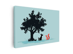 Cute dog and squirrel wall art under tree silhouette for playful kids room decor.