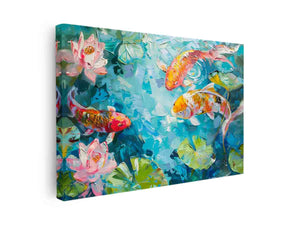 Colorful koi fish canvas print with pink lotus flowers and lily pads for living room decor.