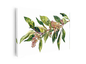 Watercolor botanical branch canvas print with green leaves and berries for minimalist bedroom decor.