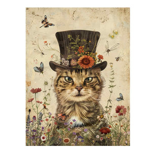 Whimsical tabby cat canvas art with floral top hat, butterflies and wildflowers for nursery decor.