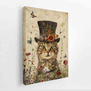Whimsical tabby cat canvas art with floral top hat, butterflies and wildflowers for nursery decor.