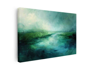 Green teal abstract landscape canvas art with misty water for calming bedroom decor.