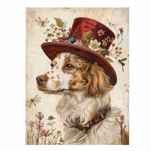 Vintage dog canvas art with red floral top hat and dragonflies for charming bedroom decor.