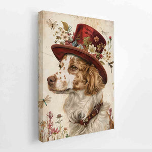 Vintage dog canvas art with red floral top hat and dragonflies for charming bedroom decor.
