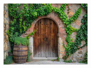 Rustic wooden doorway wall art with vines, stone wall and barrel for farmhouse entryway decor.