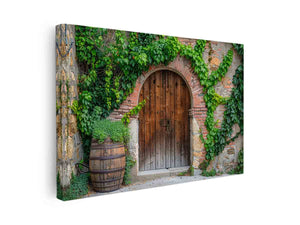 Rustic wooden doorway wall art with vines, stone wall and barrel for farmhouse entryway decor.
