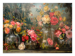 Luxury floral still life canvas print with roses and glass vases for elegant dining room decor.
