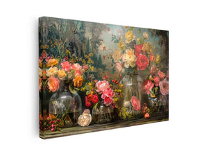 Luxury floral still life canvas print with roses and glass vases for elegant dining room decor.