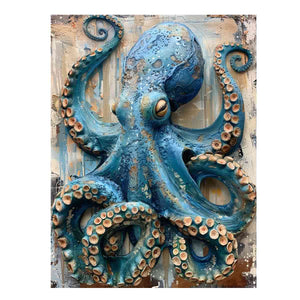Textured blue octopus canvas art with curling tentacles for coastal bathroom decor.