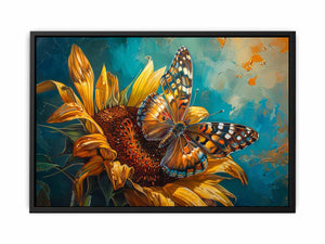 Butterfly and sunflower canvas print with teal background for uplifting living room decor.