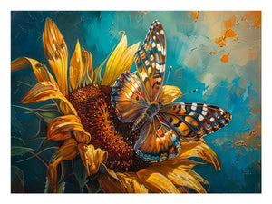 Butterfly and sunflower canvas print with teal background for uplifting living room decor.
