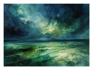 Moody green abstract landscape canvas art with stormy sky for modern living room decor.