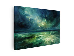 Moody green abstract landscape canvas art with stormy sky for modern living room decor.