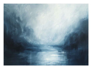 Blue abstract landscape wall art with misty water tones for calming bedroom decor.