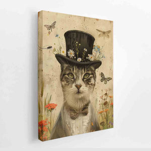 Vintage cat portrait with top hat and wildflowers for whimsical living room wall decor.