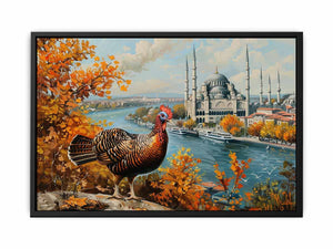 Autumn turkey landscape with river and historic architecture for elegant living room wall art.